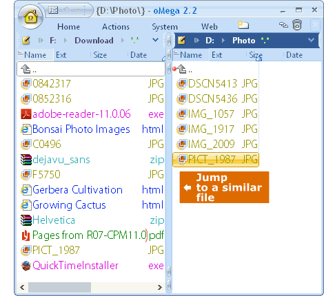 oMega Commander Features. Search of the same file in the opposite panel.